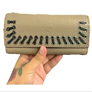Fendi Beige Selleria Leather Whipstitch Flap Continental Wallet